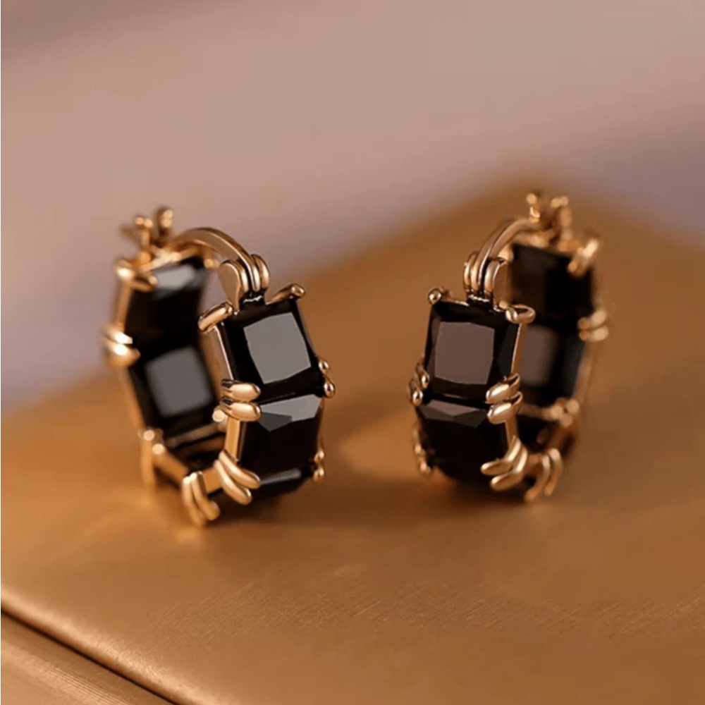 New Radiant Gold and Black Crystal Hoop Earrings
